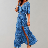 Theodoline | Damen Wickelkleid mit V-Ausschnitt Langarm – Blau
