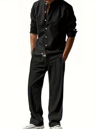 Theron | Herren Stehkragen Zweiteiler Hemd und Hose Set – Schwarz