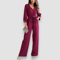 Stella | Langärmeliger Jumpsuit mit gebundenem V-Ausschnitt und weitem Bein – Rot
