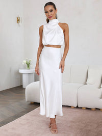 Tindra | Damen Neckholder Zweiteiler Crop Top Maxirock – Weiß