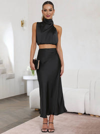 Tindra | Damen Neckholder Zweiteiler Crop Top Maxirock – Schwarz