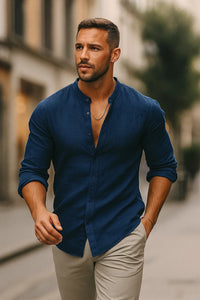 Tobias | Herren Leinen Langarm-Hemd mit Grandad-Kragen – Blau