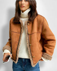 Wildlederjacke für Damen mit Fleecefutter und Rundhalsausschnitt – Braun