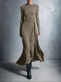 Emma | Damen Maxikleid mit seitlichem Knoten – Khaki