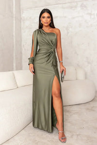 Damen Ein Schulter Maxi Abendkleid – Olivgrün