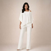 Valeria | Damen Asymmetrisches Oberteil Wide Leg Hosen Set – Weiß