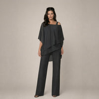 Valeria | Damen Asymmetrisches Oberteil Wide Leg Hosen Set – Schwarz