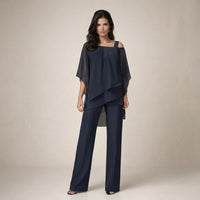 Valeria | Damen Asymmetrisches Oberteil Wide Leg Hosen Set – Marine