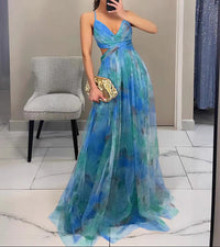 Valeria | Damen Maxikleid Floral Elegant Fließend – Blau