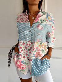 Gabriella | Kerbenausschnitt Mixed Print Bluse – Blumenmuster Blau