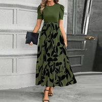 Aria | Damen Maxi-Kleid Puffärmel Blumendruck Bindegürtel – Olivenblatt Schwarz