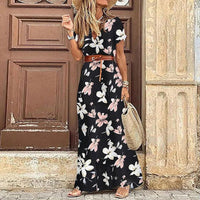 Karin™ | Elegantes Kleid im Ibiza-Stil - Inklusive Gürtel – Schwarze Blumen