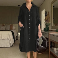 Lissabon™ Kleid aus Baumwoll-Leinen mit tailliertem Kragen / Das Couture-Kleidungsstück für die moderne Frau! – Schwarz