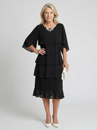 Vesperina | Damen Gestuftes Midi Kleid mit Rüschenärmeln – Schwarz