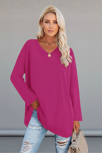 Vesperina | Damen V-Ausschnitt Langarmshirt – Dunkelrosa