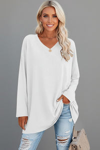 Vesperina | Damen V-Ausschnitt Langarmshirt – Weiß
