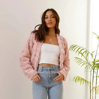 Vera | Damen Kurze Kunstfell Übergangsjacke Offener Kragen – Kunstfell Jacke 2026 – Rosa