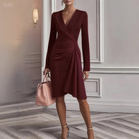 Vevina | Damen Wickelkleid V-Ausschnitt Langarm Knielang – Burgunder