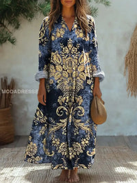Elegant Vintage Floral Art Print Midi Dress with V-Neck and Long Sleeves – A