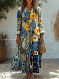Elegantes Vintage Midi-Kleid mit Blumenmuster und V-Ausschnitt – Lässige Langarm-Design – Geblümt