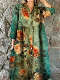 Vintage Bohemian Floral Print Chic V-Ausschnitt Drei-Viertel-Ärmel Knopf Elegantes Midi-Kleid – Grün
