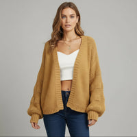 Strickjacke für Damen mit Puffärmeln und offenem Design – Gelb