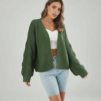 Strickjacke für Damen mit Puffärmeln und offenem Design – Grün