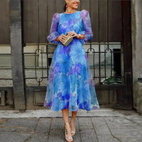 Viviana | Damen Midi Blumenkleid mit Ballonärmeln – Blau