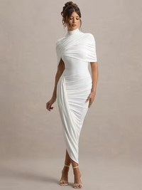 Taylor - Asymmetrisches, Gedrehtes Maxikleid mit Cape – Weiß