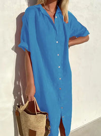 Wanda | Damen Kurzarm Hemdblusenkleid Midi – Blau