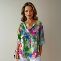 Addison | Blumenmuster Knotenverschluss Bluse – Grün - Rosa