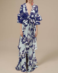 Willa | Damen Blumen Wickelkleid Maxi – Blau