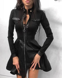 Jade Mini-Kleid | Sommerliches Leder-A-Linien-Kleid mit Reißverschluss – Schwarz