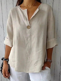Damen V-Ausschnitt Freizeit Leinenbluse – Beige
