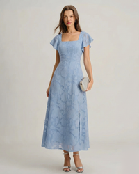 Blue Floral Square Neck Midi Dress – Blau