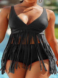 Heidi-Mode | Damen Bikinis Fransen V-Ausschnitt Zweiteiliger Badeanzug – Schwarz