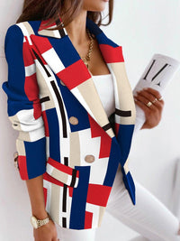 Heidi-Mode | Damen Blazer Gedruckt Revers Doppelbreasted Langarm Blazer – Dunkelblau