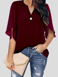Heidi-Mode | Frauen Blusen Lässig V-Ausschnitt Kurzarm Chiffon Bluse – Vine_Rot