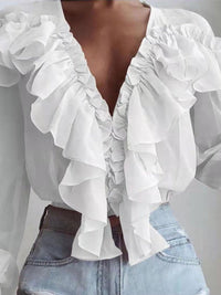 Heidi-Mode | Damenblusen Rüschenter V-Ausschnitt Chiffon Langärmlige Bluse – Weiß