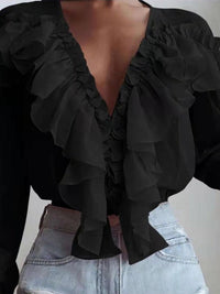 Heidi-Mode | Damenblusen Rüschenter V-Ausschnitt Chiffon Langärmlige Bluse – Schwarz