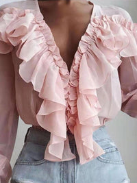 Heidi-Mode | Damenblusen Rüschenter V-Ausschnitt Chiffon Langärmlige Bluse – Rosa