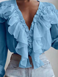 Heidi-Mode | Damenblusen Rüschenter V-Ausschnitt Chiffon Langärmlige Bluse – Blau