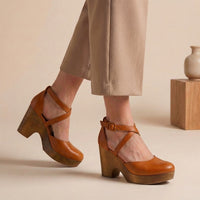Edith | Damen Plattform Heels Blockabsatz Riemen Elegant Festlich – Braun