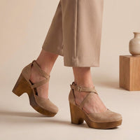 Edith | Damen Plattform Heels Blockabsatz Riemen Elegant Festlich – Khaki