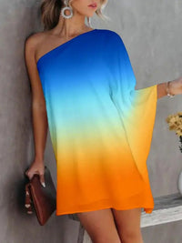 Heidi-Mode | Frauen Kleider Gradient Ein Schulter Lässig Kleid – Blau