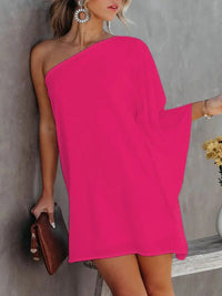 Heidi-Mode | Frauen Kleider Gradient Ein Schulter Lässig Kleid – Rose_Rot