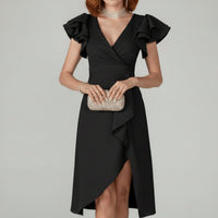 Florence | Elegantes Damen-Wickelkleid mit V-Ausschnitt und Rüschenärmeln – Klassisches Schwarz