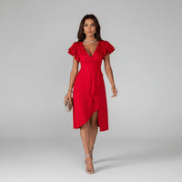 Florence | Elegantes Damen-Wickelkleid mit V-Ausschnitt und Rüschenärmeln – Leuchtendes Rot