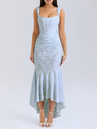 Rosie | Damen-Jacquardkleid mit Spitzenkorsett, Raffungen und Meerjungfrausaum – Blau