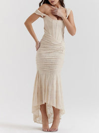 Rosie | Damen-Jacquardkleid mit Spitzenkorsett, Raffungen und Meerjungfrausaum – Weiß